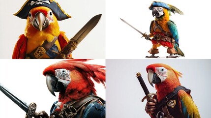 Four colorful macaw parrots dressed as pirates.