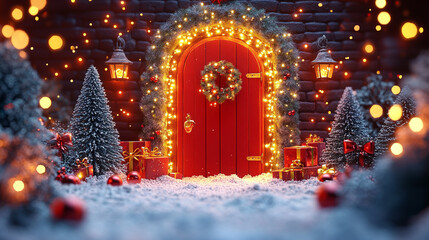 Festive Red Door Decorated With Lights and Wreath in a Snowy Scene