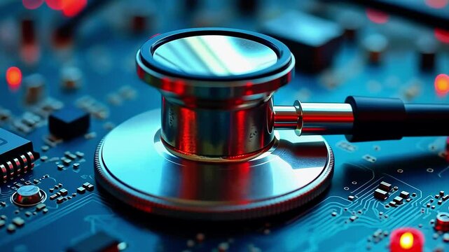 Close-up of a stethoscope on a circuit board, symbolizing the intersection of healthcare and technology
