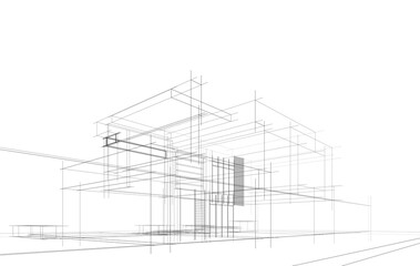 Modern Architectural Wireframe Sketch &ndash; Vector Blueprint of Contemporary Building