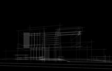 Modern Architectural Wireframe Sketch – Vector Blueprint of Contemporary Building