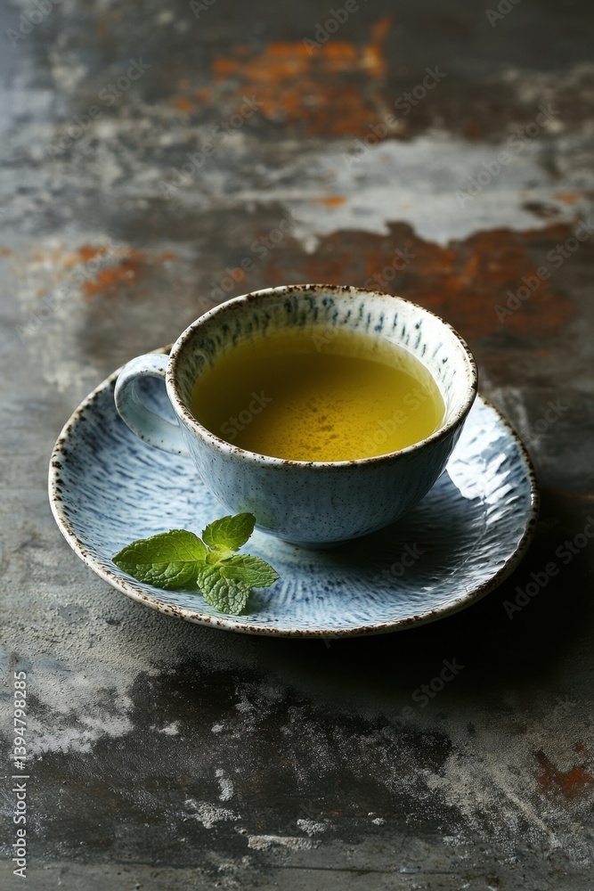 Poster serene cup of green tea with fresh mint leaf on rustic table capturing calmness and wellness in a st