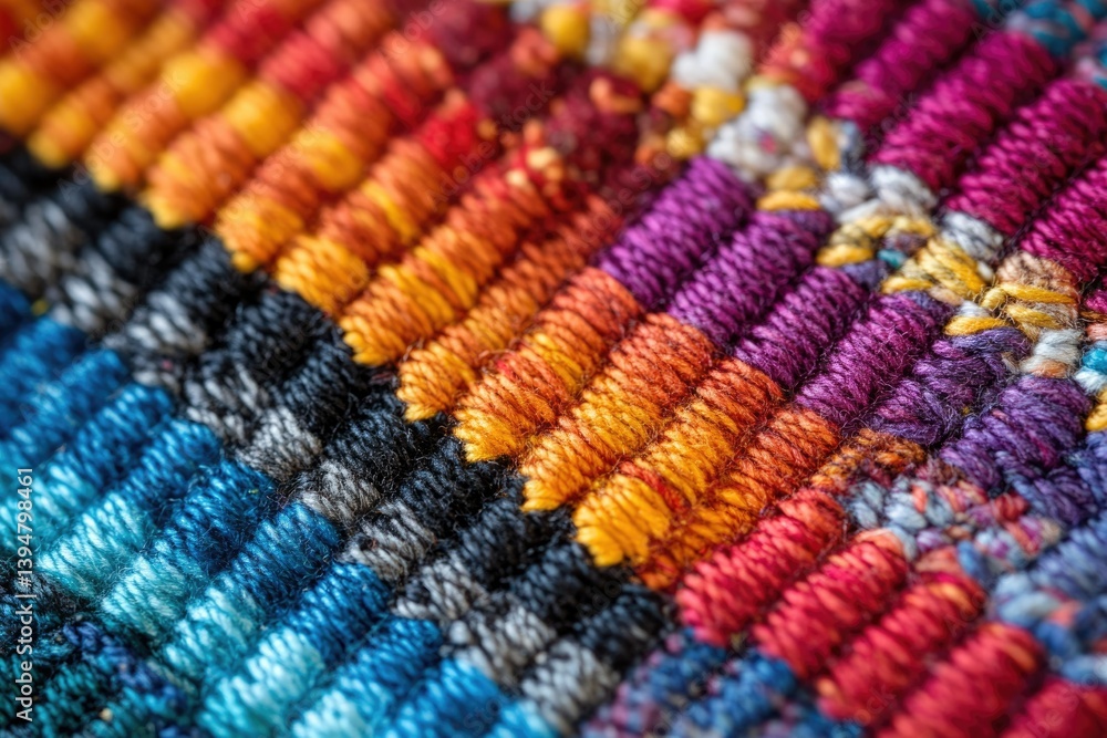 Aufkleber close-up of vibrant, multicolored woven textile with intricate texture and pattern.