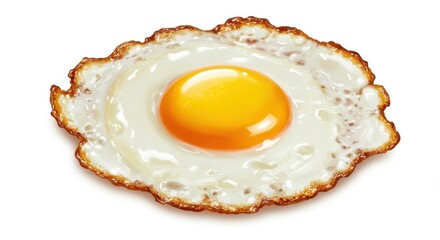A single fried egg with a bright yellow yolk on a white background in a studio shot view top isolated on white background
