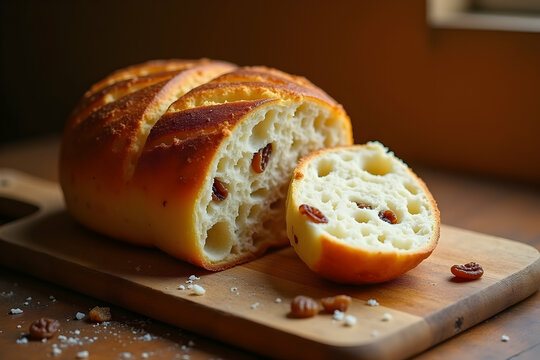A beautifully illuminated, soft, and round Puerto Rican pan sobao bread loaf, sliced open to reveal its airy texture and scattered raisins, resting on a wooden board