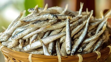 Naklejka premium Close-up of Salted Dried Small Fish in Basket