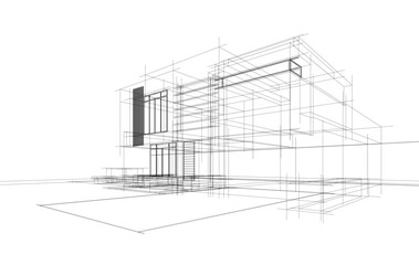 Modern Architectural Wireframe Sketch &ndash; Vector Blueprint of Contemporary Buildings