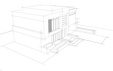 Modern Architectural Wireframe Sketch – Vector Blueprint of Contemporary Buildings