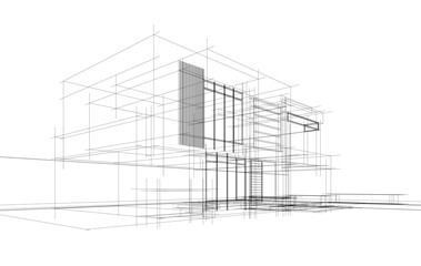 Modern Architectural Wireframe Sketch – Vector Blueprint of Contemporary Buildings