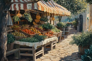 Provence outdoor market with fresh produce, herbs and olives under striped canopy in rustic French village