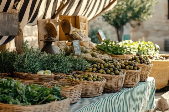 Charming provence market stall in France with fresh organic produce, herbs, and olives under striped canopy - Powered by Adobe