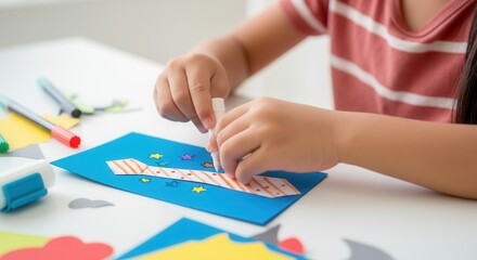 Child makes a gift for Father's Day using paper and glue.