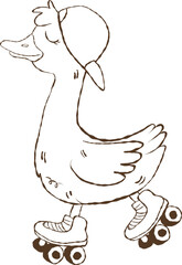 Outline Silly Goose Ride Roller Skate, Meme Cartoon Hand Drawn Doodle. trendy goose.