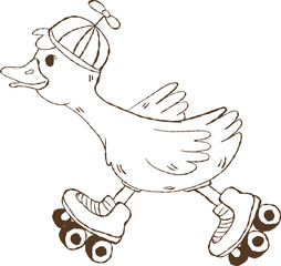 Outline Playful Silly Goose Ride Roller Skate, Meme Cartoon Hand Drawn Doodle. trendy goose.