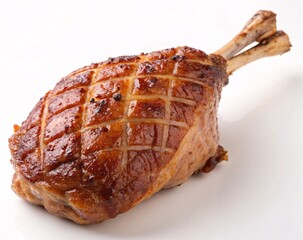 Golden-Brown Roasted Meat with Crisscross Pattern and Bone Attached Showcasing Perfectly Scored Culinary Art isolated on white background.