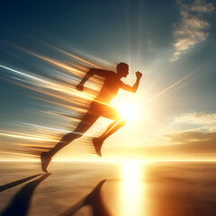 Silhouette of a fast runner with motion blur effect at sunset