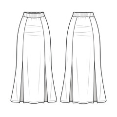 Gored skirt front and back view technical illustration vector mockup template.