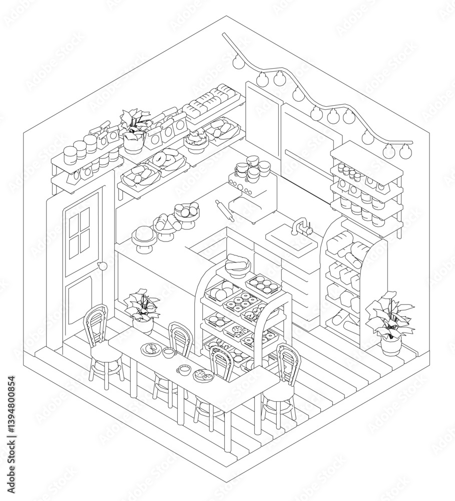 Poster a cafe with a dining table and chairs. there are potted plants on the table and in the background. i