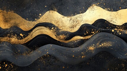 Abstract Artwork Featuring Flowing Gold Ribbon Set Against Smoky Waves of Black and Deep Blue on a Lighter Backdrop – A Dynamic and Captivating Visual Composition