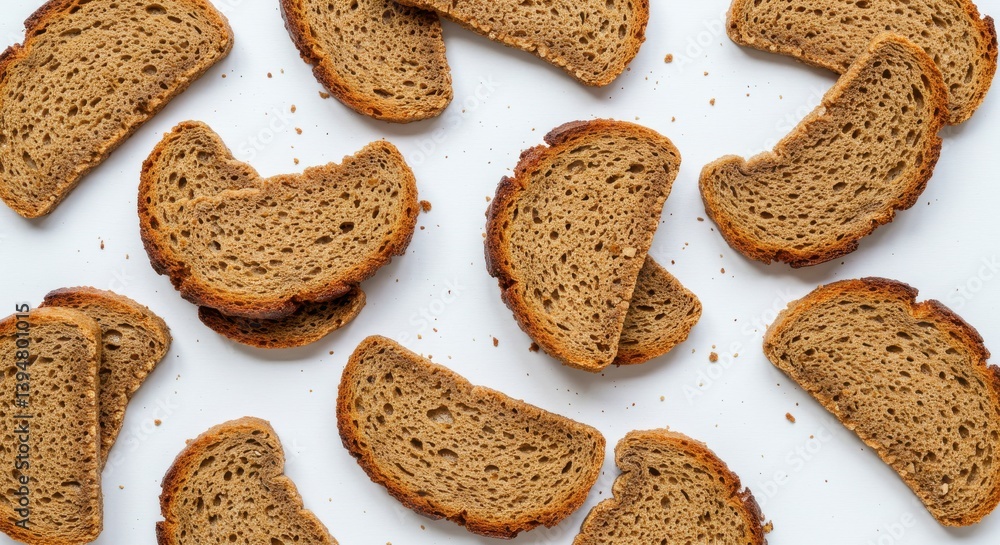 Poster scattered slices of dark rye bread on a plain white background in a top down flat lay view isolated 