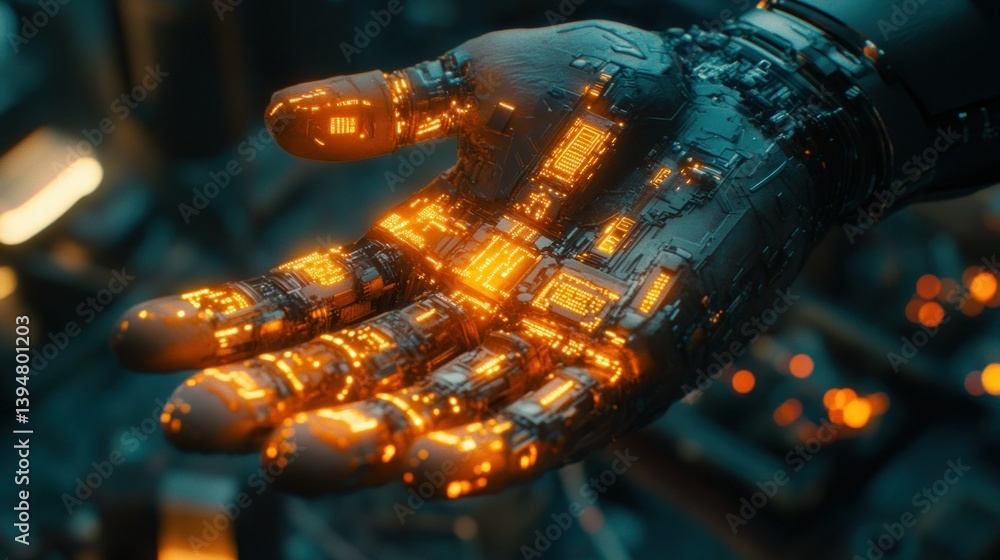 Poster robotic hand with glowing circuits in palm. tech marvel close-up