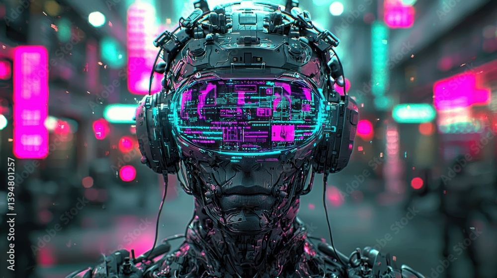 Poster robotic figure with glowing display on urban backdrop of bokeh light