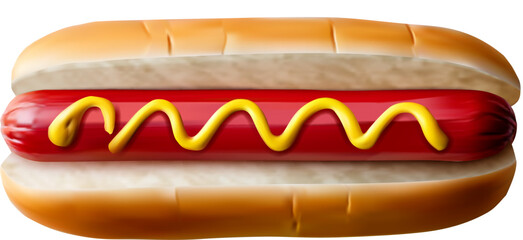 A hot dog sits in a soft bun, topped with yellow mustard. Realistic vector design captures the essence of classic American street food