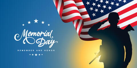 Memorial day banner vector with silhouette of soldier & patriotic waving American flag clipart background 
for USA Memorial day celebration