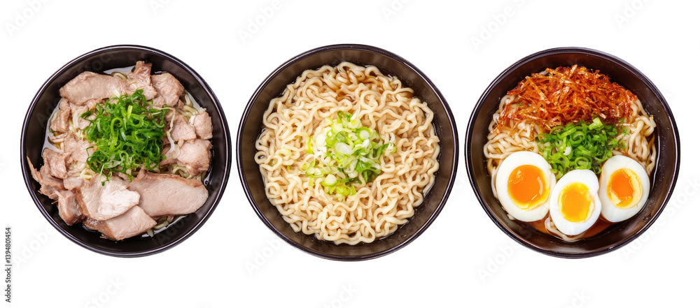Poster three bowls of ramen each with different toppings and styles the first bowl features sliced meat and green onions the second has plain noodles and the third includes soft-boiled eggs and crispy toppin