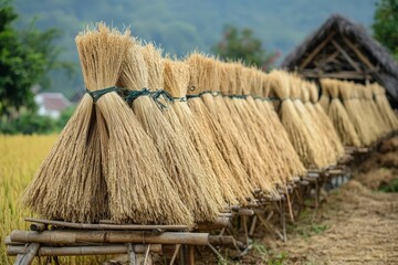 Bamboo Racks with Harvested Rice and Rustic Rural Background

