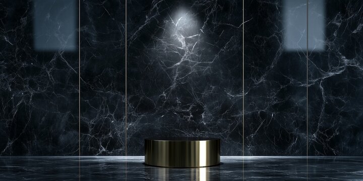 A high-gloss black marble wall reflecting a single crisp spotlight. A metallic gold pedestal stands in front, elevating the product in a luxurious setting.