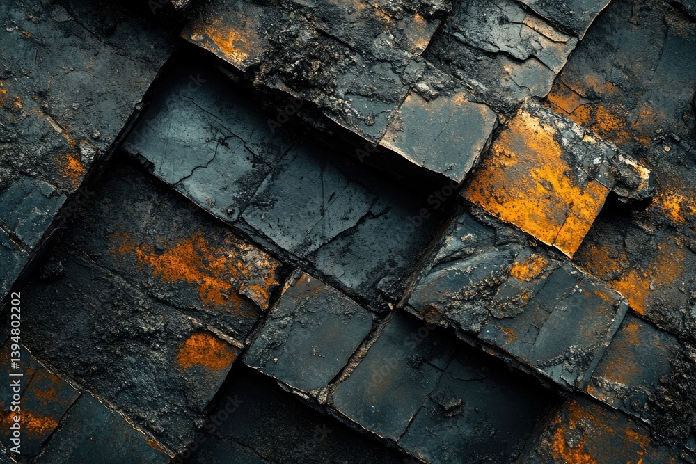 Aufkleber abstract dark and orange textured background of geometrically arranged stone blocks.