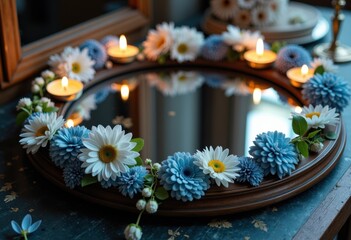 Fototapeta premium Elegant mirror adorned with blue and white flowers and candles