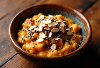 Creamy pumpkin dish topped with almonds and seeds in a rustic bowl