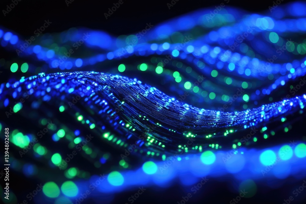 Aufkleber Abstract image of blue and green fiber optic lights forming wavy patterns, creating a mesmerizing visual effect.