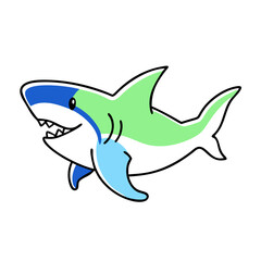 Naklejka premium Cartoon shark swimming playfully in colorful waters 