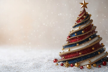 Corporate American banner: An American flag-style Christmas tree. Merry Christmas and Happy New Year greeting card. An American Christmas tree on a white background.  Christmas tree in blue, red and w