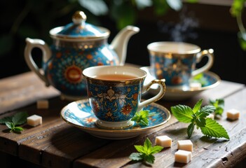 Fototapeta premium Traditional tea set with steaming tea, mint leaves, and sugar cubes