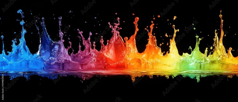 Poster vibrant rainbow water splash on black background creating dynamic liquid art and colorful wave effec