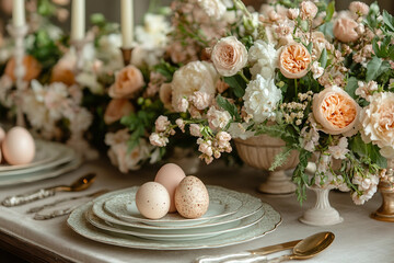 Elegant Easter table setting with decorated eggs, floral arrangements, and fine tableware for a festive holiday family dinner, generative AI