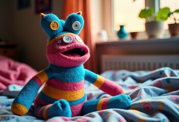 Colorful sock puppet with buttons sitting on a bed in a cozy room