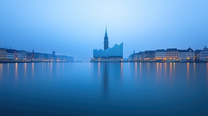 Naklejka premium Serene Cityscape at Dusk with Calm Water Reflection in Germany