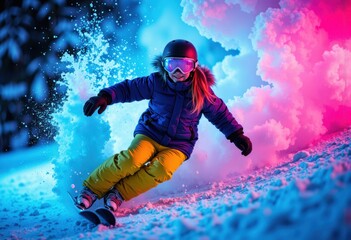 A young girl snowboarding through colorful snow clouds in winter