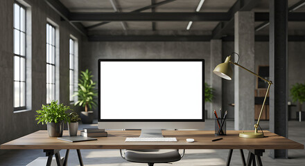 Modern Loft Office Workspace with Blank Computer Screen Desk Lamp and Plants
