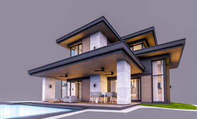 3d rendering of modern two story house with gray and wood accents, large windows, parking. In the evening Isolated on gray