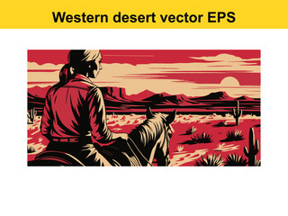 Obraz premium A horseback western cowgirl riding horse in the westerns landscape, when sun setting, background in the mountain