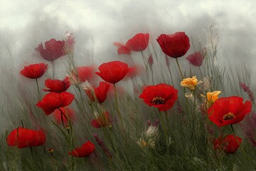 Fototapeta premium Vibrant Poppy Field in Soft Haze