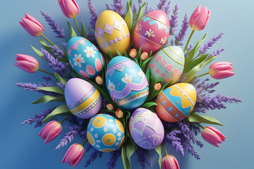Top up view of painted color easter egg on the table with beautiful lavender and tulip flowers,Easter concept