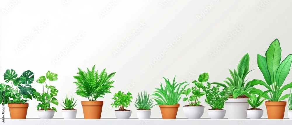 Poster Assorted Potted Greenery Displayed on a White Shelf Against a Bright Background in a Clean Indoor Setting with Natural Light and a Calming Atmosphere