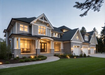 Luxury Gray Stone House Evening Exterior Design Landscaping